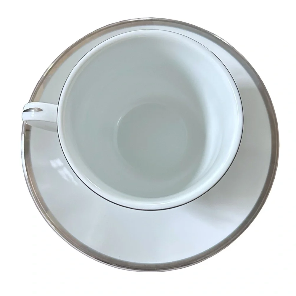 Williams Sonoma Brassiere White Porcelain Platinum Trim Cup & Saucer Set of Four